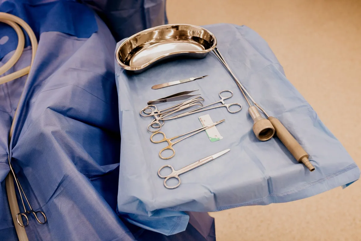 Mains d'un vétérinaire préparant des instruments de stérilisation à côté d'un animal endormi sur une table chirurgicale
