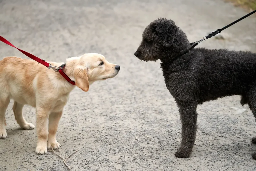 Jeune chiot en posture prudente lors d'une première rencontre contrôlée avec une personne