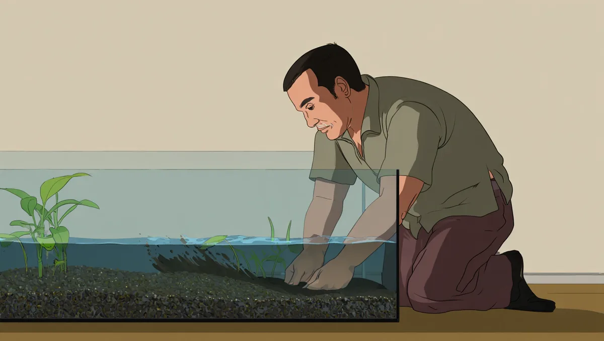 Erreurs fréquentes à éviter — Nettoyer tout le substrat d’un coup et éliminer la majorité des sédiments biologiques. Utiliser de l’eau chaude ou des détergents pour rincer le sable neuf. Aspirer profondément sous les racines des plantes en bac planté. Confondre