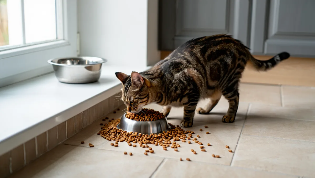 Aménagement et observation — Placez la nourriture et l’eau dans des zones calmes et bien accessibles, en séparant les deux si possible. Si vous remarquez que votre chat continue à sortir les croquettes ou à manger de manière étrange, essayez temporairement