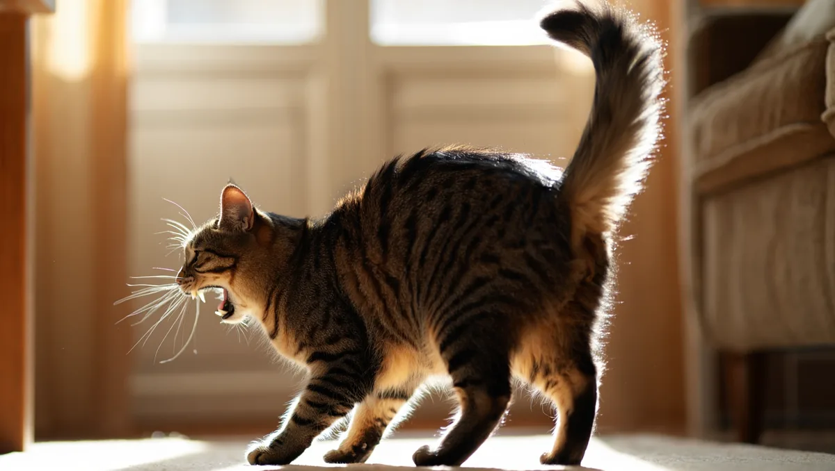 Que veut dire ce souffle chez le chat ? — Le souffle accompagné de feulures, d’oreilles plaquées et d’une queue gonflée est un langage clair : le chat demande de l’espace. Ce comportement traduit généralement la peur, la surprise ou la