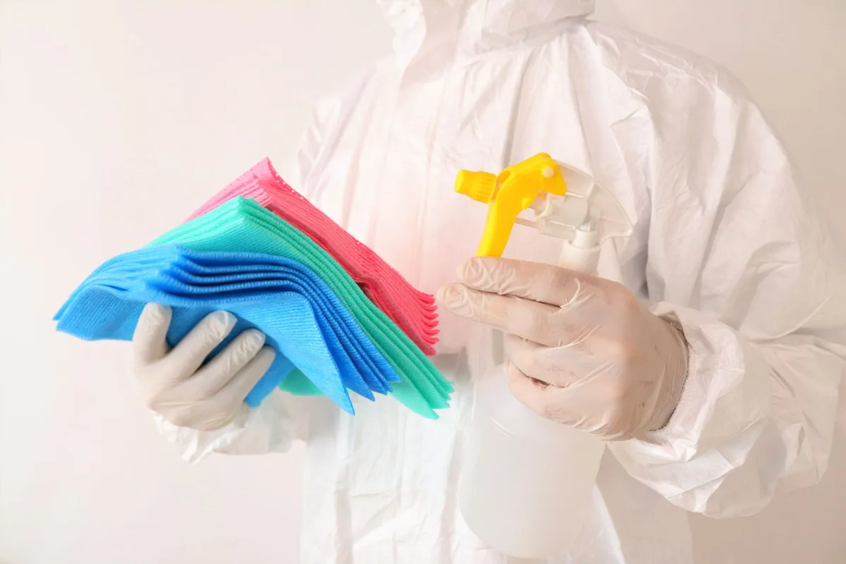 Équipement de nettoyage sécurisé avec gants, chiffons humides et sac de déchets fermé
