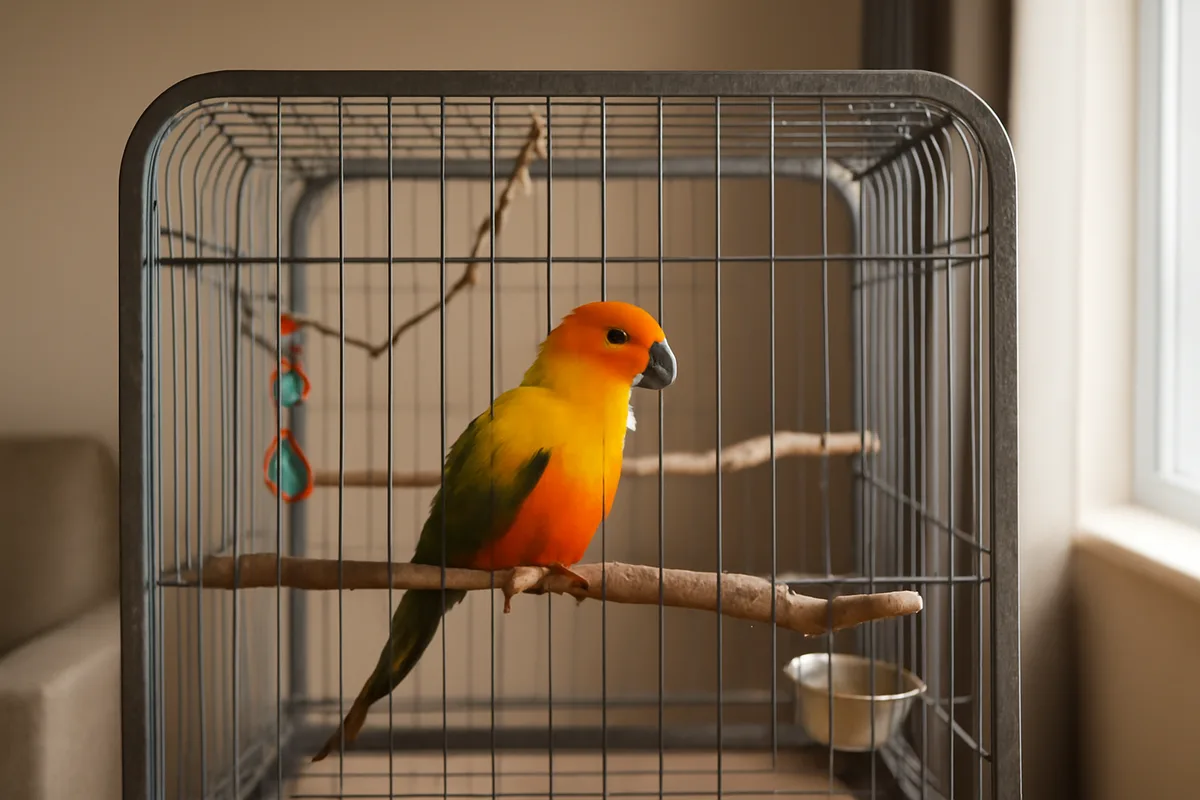 Quel habitat et quel emplacement privilégier pour son bien-être ? — La conure soleil a besoin d'espace et d'un environnement stimulant pour exprimer ses comportements naturels. Installez la cage dans une pièce calme, à l'abri des courants d'air et des sources