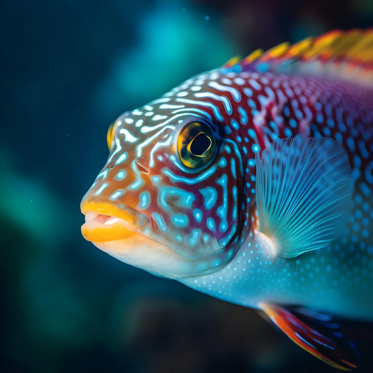 Gros plan sur poissons et reflets dans un aquarium en lumière du jour