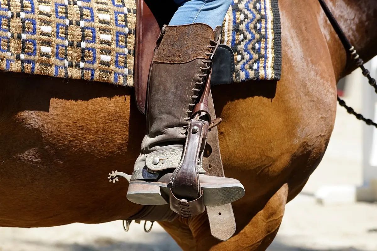 Bottes en caoutchouc à petit talon proches d'un étrier, en plein jour